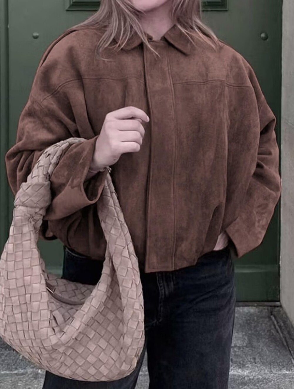 Katch Me Chocolate Brown Vegan Faux Suede Bomber Blouson Bubble Hem Jacket L